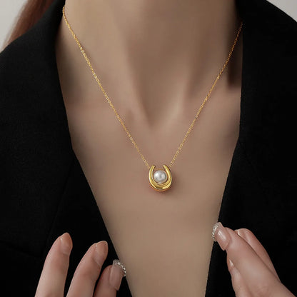 Simple Style Classic Style U Shape Imitation Pearl Titanium Steel Plating 18k Gold Plated Women's Pendant Necklace