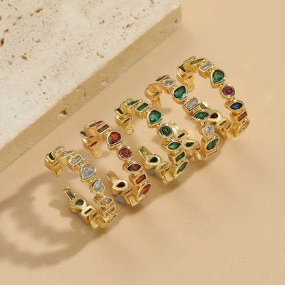 Simple Style Classic Style Water Droplets Rectangle Copper 14k Gold Plated Zircon Open Rings In Bulk