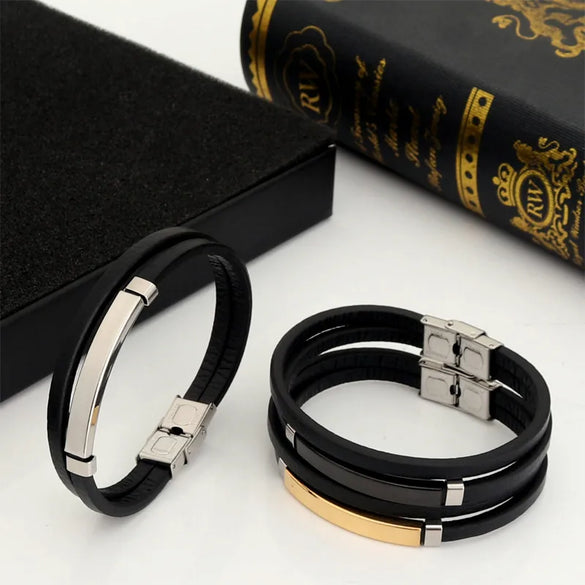 Simple Style Color Block 201 Stainless Steel Pu Leather Plating Men'S Wristband Men Cord & Leather Bracelets