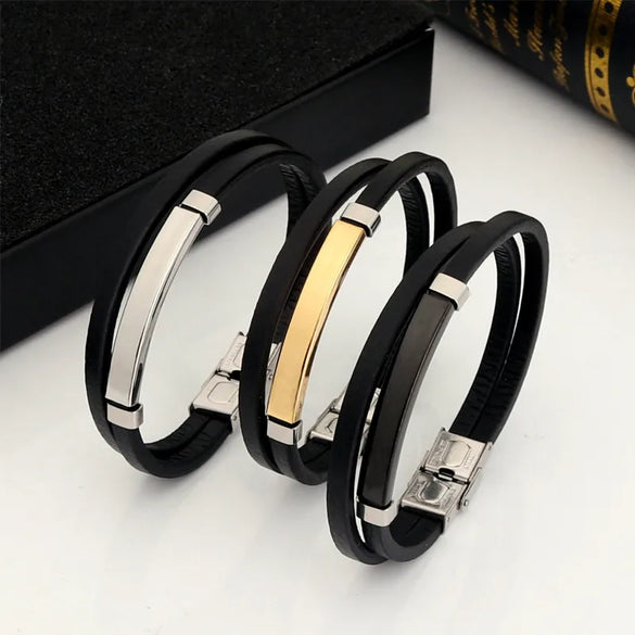 Simple Style Color Block 201 Stainless Steel Pu Leather Plating Men'S Wristband Men Cord & Leather Bracelets
