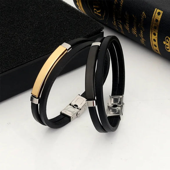 Simple Style Color Block 201 Stainless Steel Pu Leather Plating Men'S Wristband Men Cord & Leather Bracelets