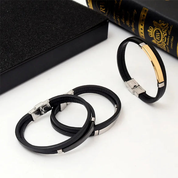 Simple Style Color Block 201 Stainless Steel Pu Leather Plating Men'S Wristband Men Cord & Leather Bracelets