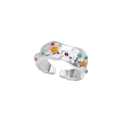 Simple Style Color Block Sterling Silver Irregular Enamel Pleated Open Rings