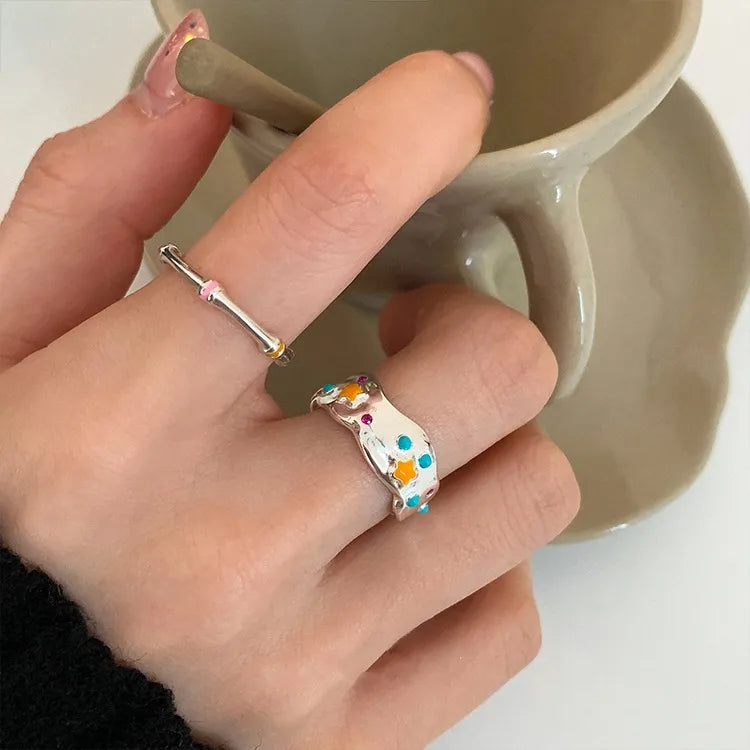 Simple Style Color Block Sterling Silver Irregular Enamel Pleated Open Rings