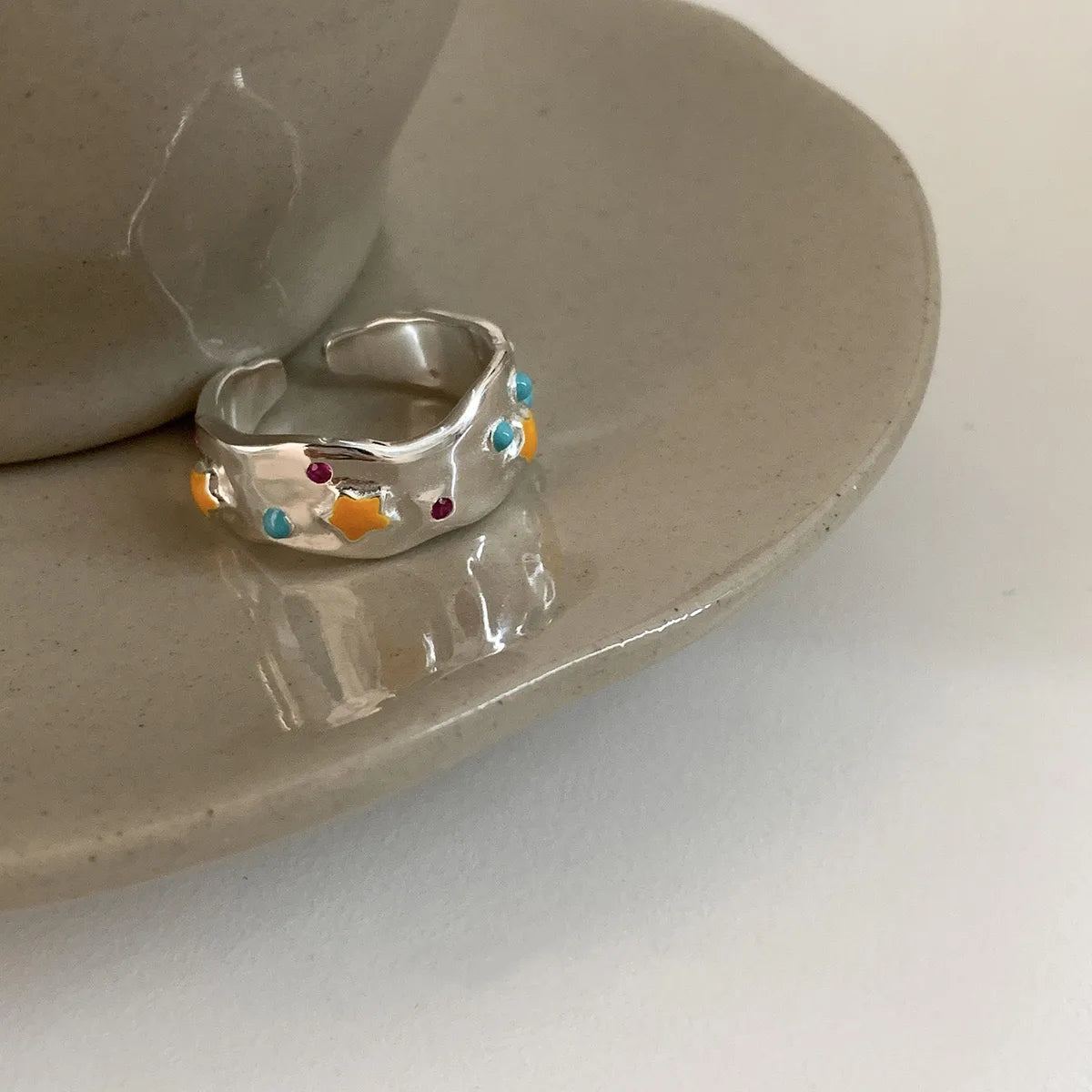 Simple Style Color Block Sterling Silver Irregular Enamel Pleated Open Rings