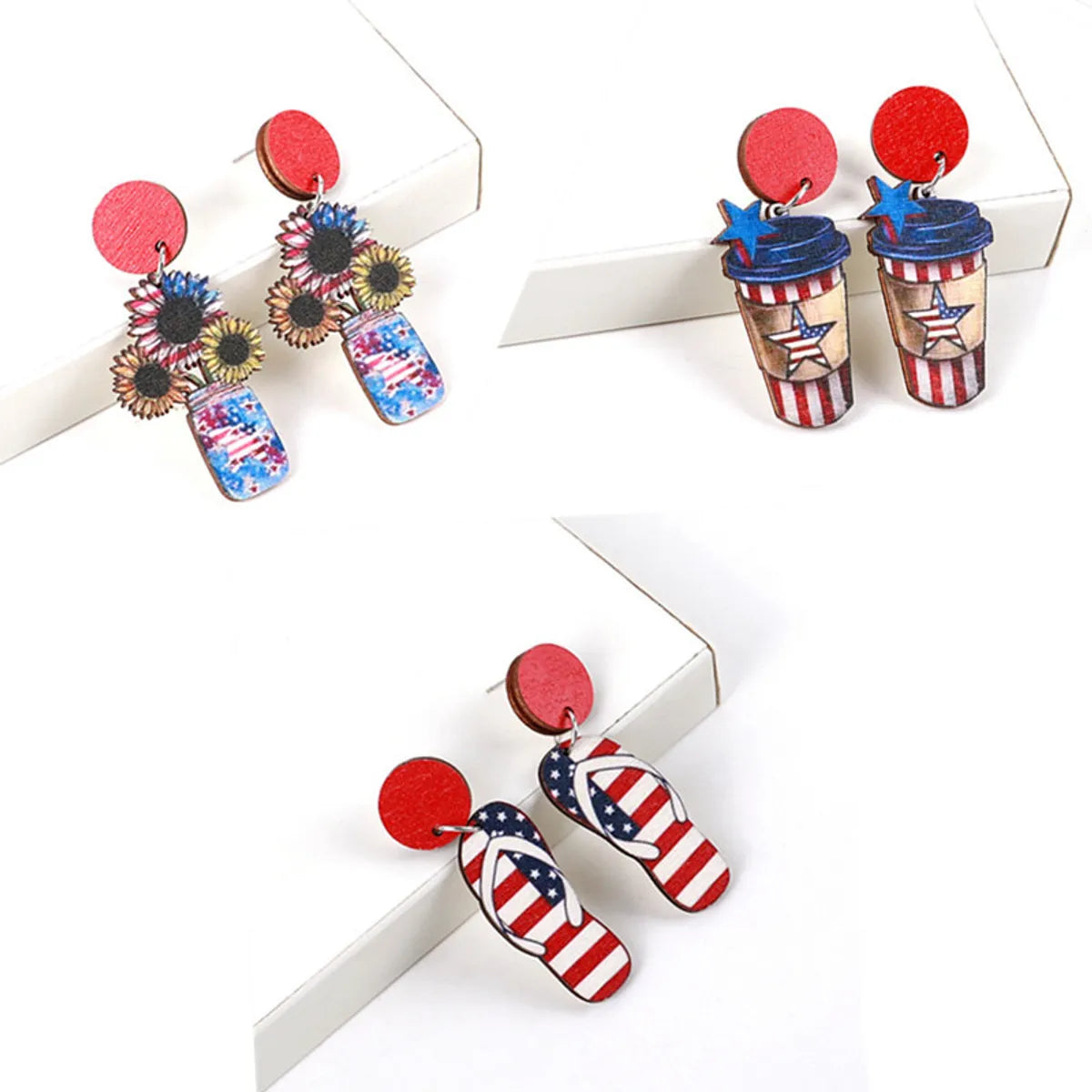 Simple Style Commute American Flag Wood Printing Independence Day Women's Drop Earrings