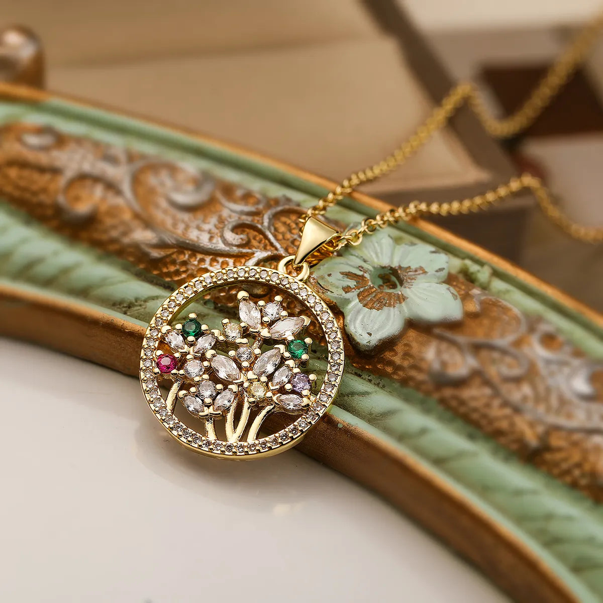 Simple Style Commute Bc1035 Lucky Tree Copper Plating Inlay Zircon 18k Gold Plated Pendant Necklace