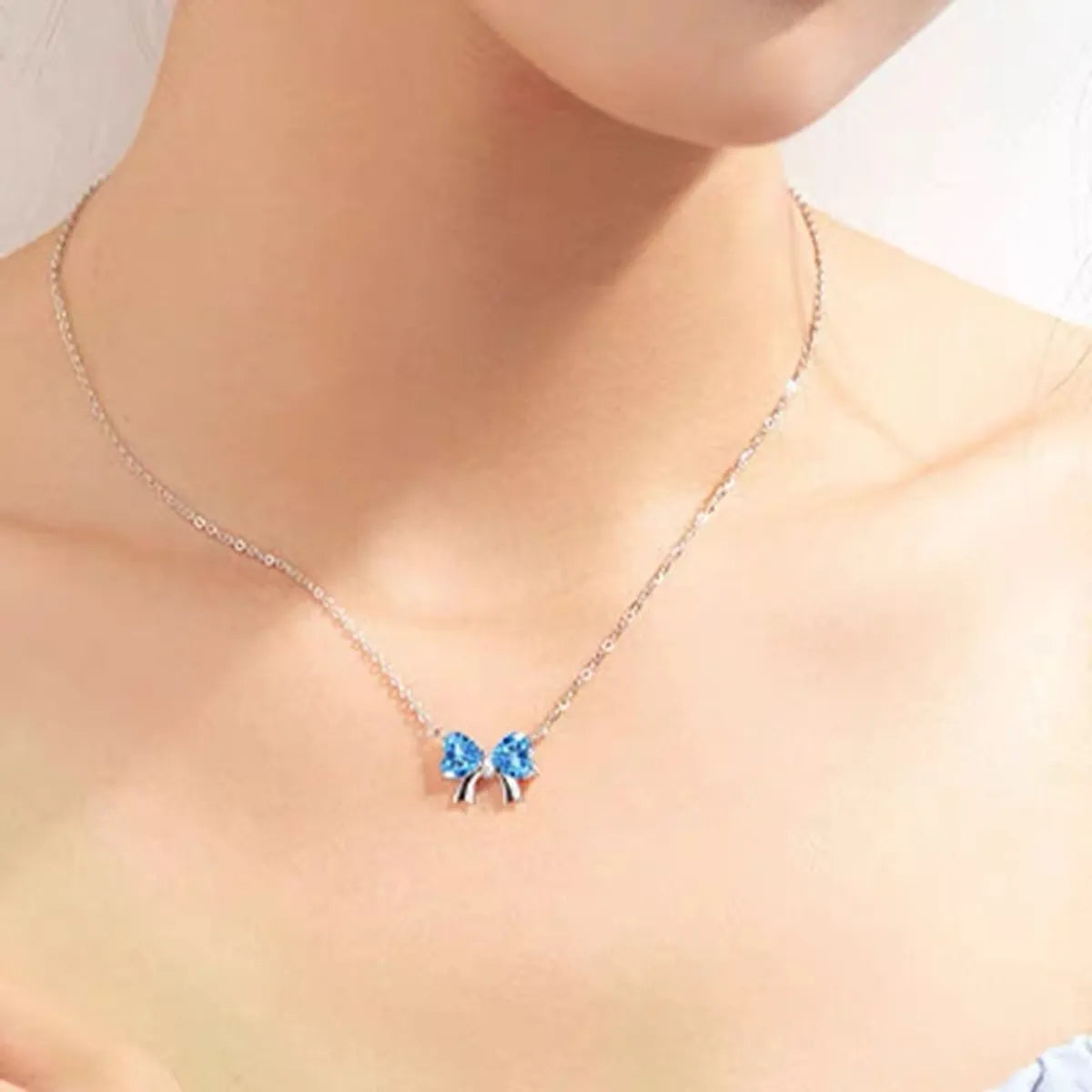 Simple Style Commute Bow Knot Sterling Silver Inlay Zircon Pendant Necklace