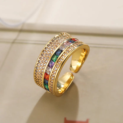 Simple Style Commute Colorful Copper Plating Inlay Zircon 18k Gold Plated Open Rings