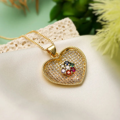 Simple Style Commute Colorful Heart Shape Copper Plating Inlay Zircon 18k Gold Plated Pendant Necklace