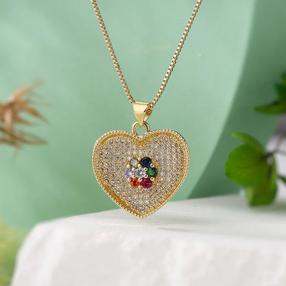 Simple Style Commute Colorful Heart Shape Copper Plating Inlay Zircon 18k Gold Plated Pendant Necklace