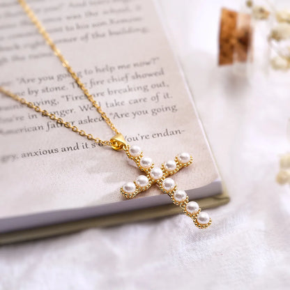 Simple Style Commute Cross Copper Plating Inlay Artificial Pearls 18k Gold Plated Pendant Necklace