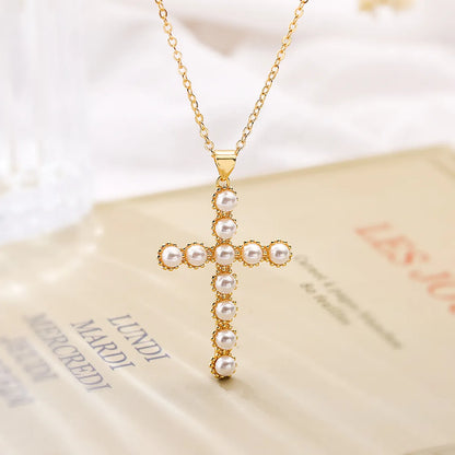 Simple Style Commute Cross Copper Plating Inlay Artificial Pearls 18k Gold Plated Pendant Necklace