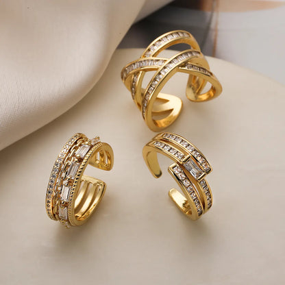 Simple Style Commute Cross Copper 18k Gold Plated Zircon Open Rings In Bulk