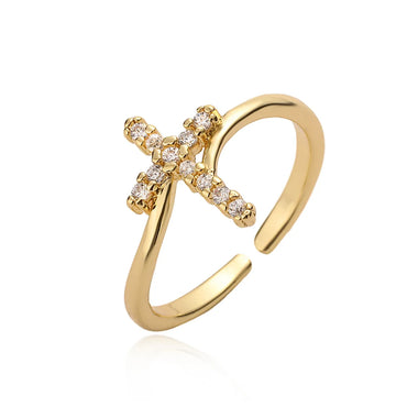 Simple Style Commute Cross Copper 18k Gold Plated Zircon Open Rings In Bulk