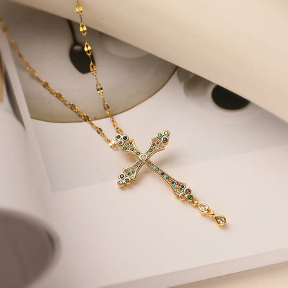 Simple Style Commute Cross Copper Plating Inlay Zircon 18k Gold Plated Pendant Necklace