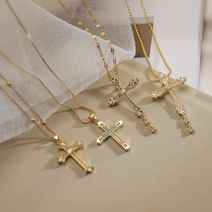 Simple Style Commute Cross Copper Plating Inlay Zircon 18k Gold Plated Pendant Necklace