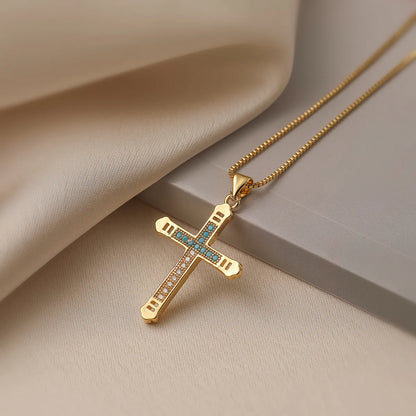 Simple Style Commute Cross Copper Plating Inlay Zircon 18k Gold Plated Pendant Necklace