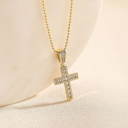 Simple Style Commute Cross Copper Plating Inlay Zircon 18k Gold Plated Pendant Necklace