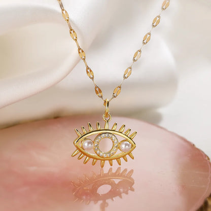 Simple Style Commute Devil's Eye Copper Plating Hollow Out Inlay Artificial Pearls Zircon 18k Gold Plated Pendant Necklace