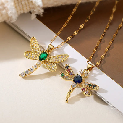 Simple Style Commute Dragonfly Copper 18k Gold Plated Zircon Pendant Necklace In Bulk