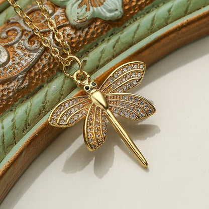 Simple Style Commute Dragonfly Copper Inlay Zircon 18k Gold Plated Pendant Necklace