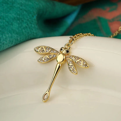 Simple Style Commute Dragonfly Copper Inlay Zircon 18k Gold Plated Pendant Necklace