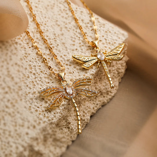 Simple Style Commute Dragonfly Copper Plating Inlay Zircon 18k Gold Plated Pendant Necklace