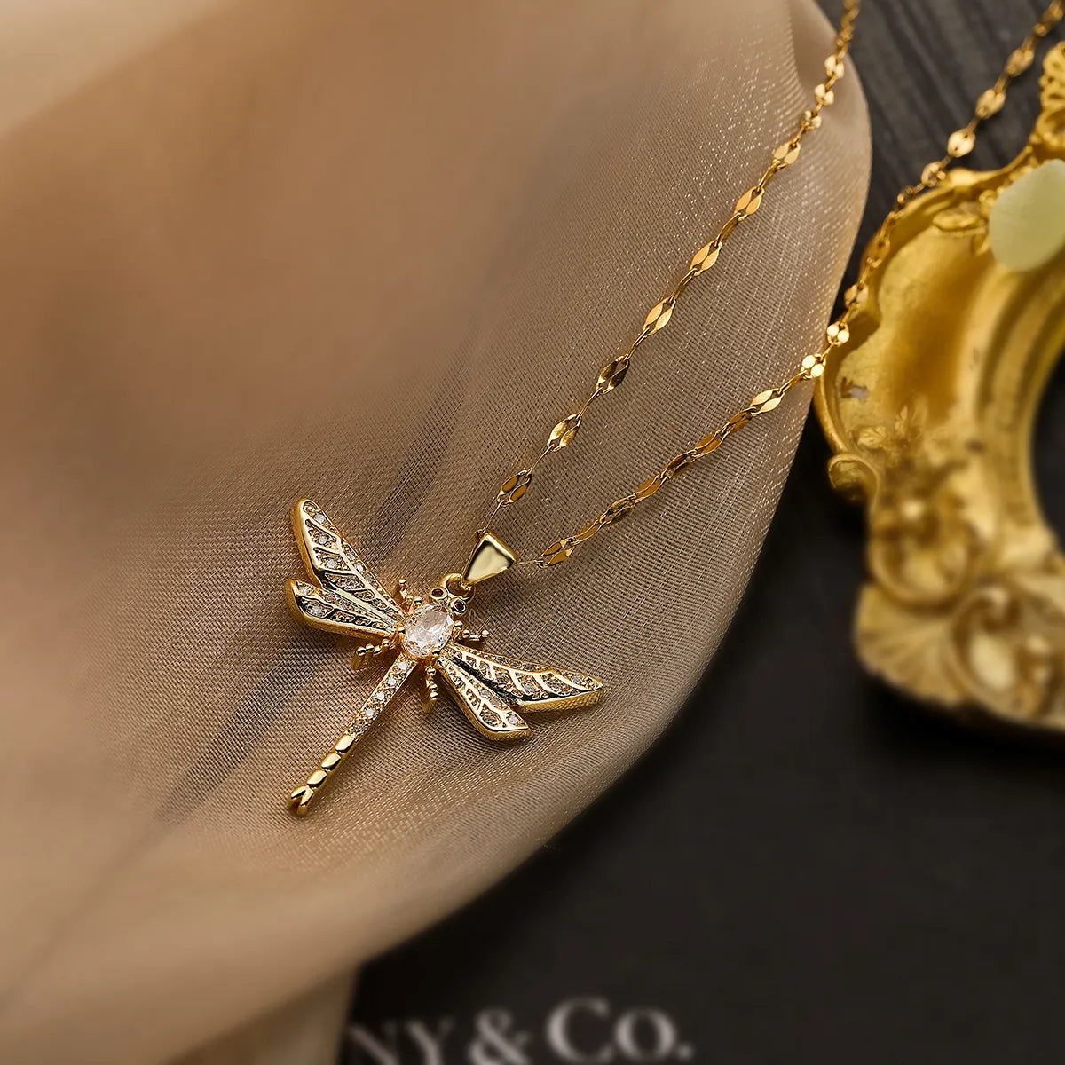 Simple Style Commute Dragonfly Copper Plating Inlay Zircon 18k Gold Plated Pendant Necklace