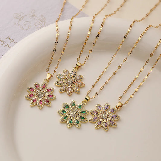 Simple Style Commute Flower Copper Plating Inlay Zircon 18k Gold Plated Pendant Necklace