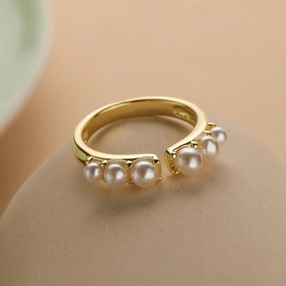 Simple Style Commute Geometric Copper Plating Inlay Artificial Pearls 18k Gold Plated Open Rings