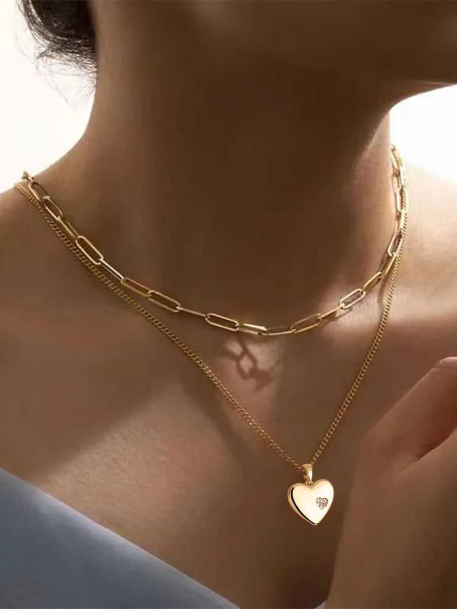 Simple Style Commute Heart Shape Copper Inlay Zircon Layered Necklaces