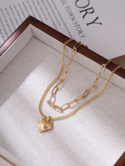 Simple Style Commute Heart Shape Copper Inlay Zircon Layered Necklaces