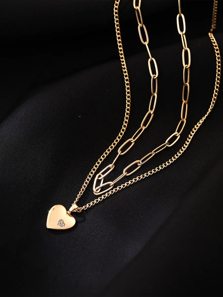 Simple Style Commute Heart Shape Copper Inlay Zircon Layered Necklaces