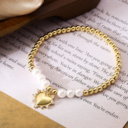 Simple Style Commute Heart Shape Copper Plating Inlay Artificial Pearls Zircon 18k Gold Plated Bracelets