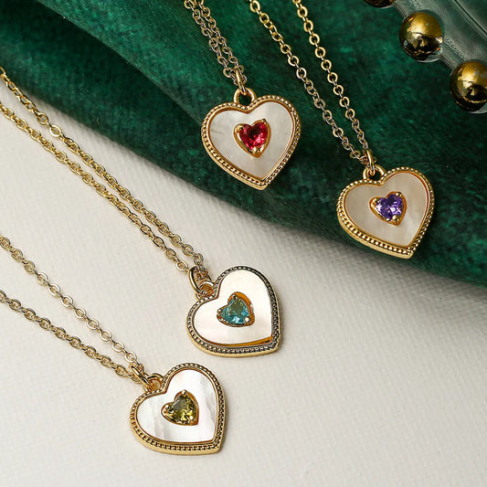 Simple Style Commute Heart Shape Copper Plating Inlay Shell Zircon 18k Gold Plated Pendant Necklace