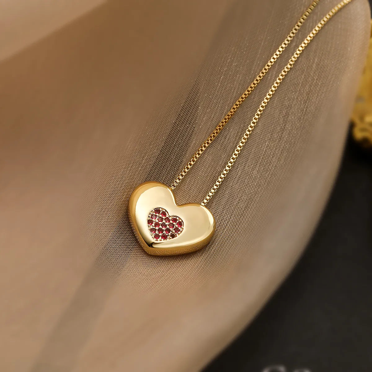 Simple Style Commute Heart Shape Copper Plating Inlay Zircon 18k Gold Plated Pendant Necklace