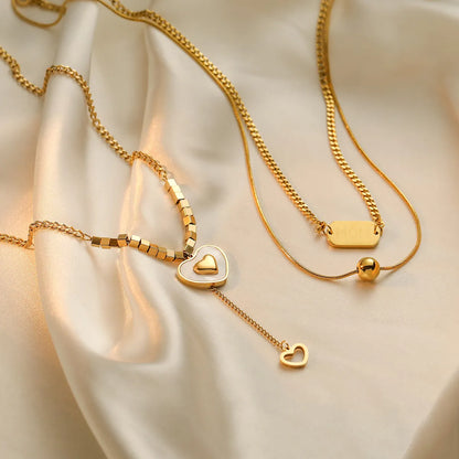 Simple Style Commute Heart Shape Titanium Steel Plating Inlay Shell 18k Gold Plated Layered Necklaces