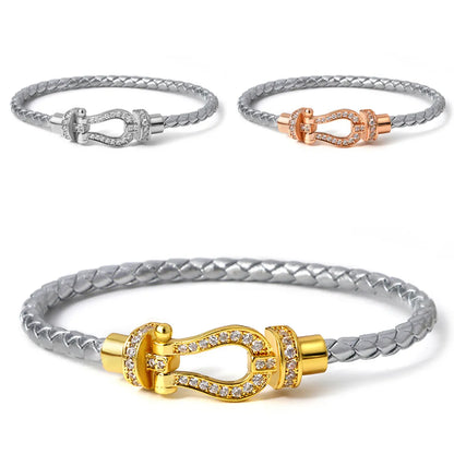 Simple Style Commute Horseshoe Zircon Leather Rope Copper Wholesale Bangle