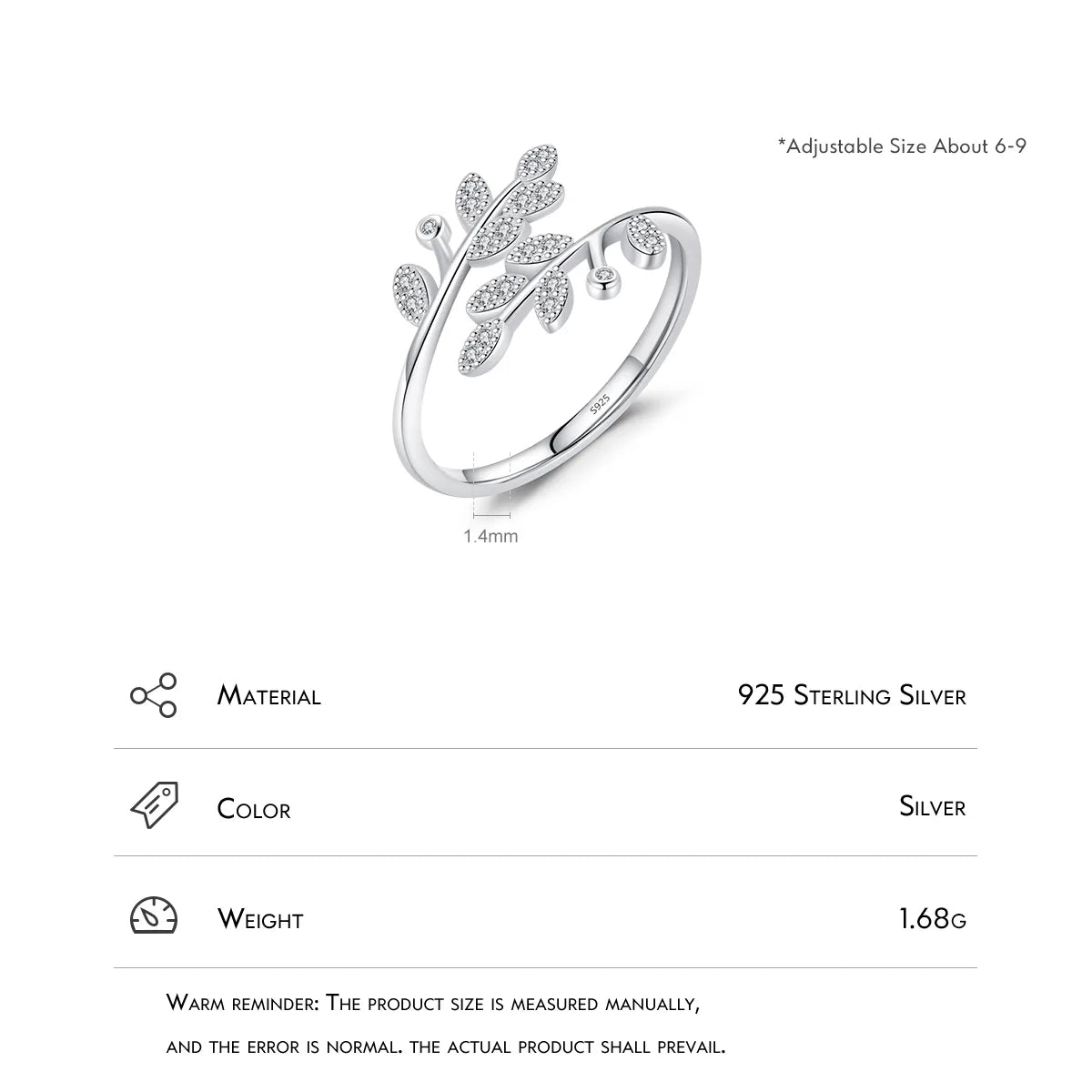 Simple Style Commute Leaf Sterling Silver Plating Inlay Zircon Silver Plated Open Rings