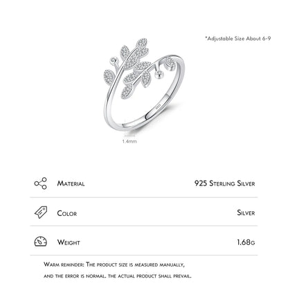 Simple Style Commute Leaf Sterling Silver Plating Inlay Zircon Silver Plated Open Rings