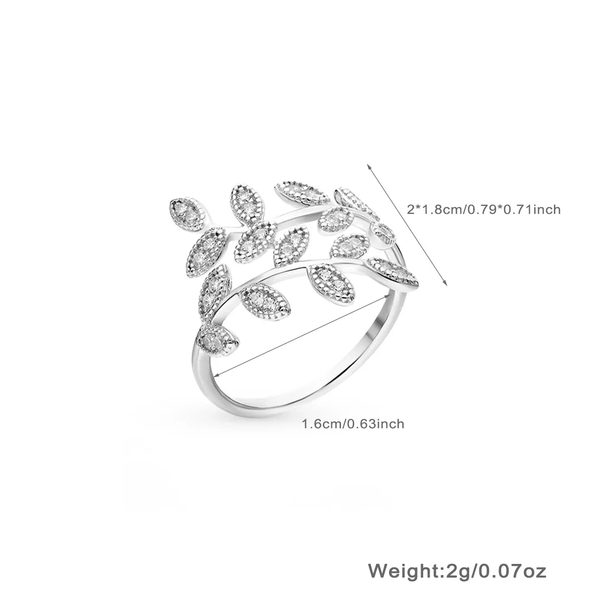 Simple Style Commute Leaf Sterling Silver Plating Inlay Zircon White Gold Plated Open Rings