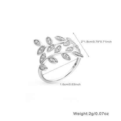 Simple Style Commute Leaf Sterling Silver Plating Inlay Zircon White Gold Plated Open Rings