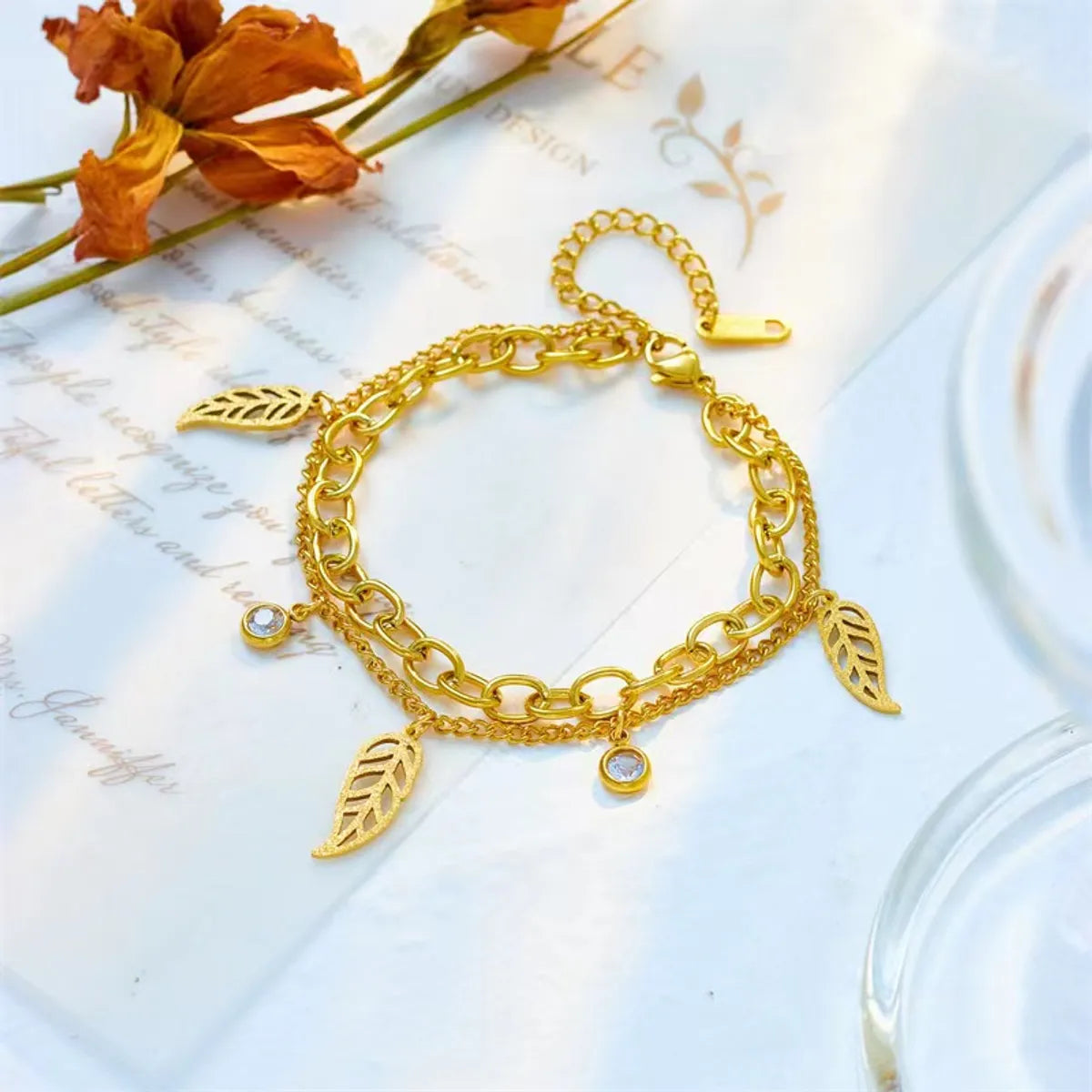 Simple Style Commute Leaves Titanium Steel Hollow Out Inlay Artificial Rhinestones 18k Gold Plated Bracelets