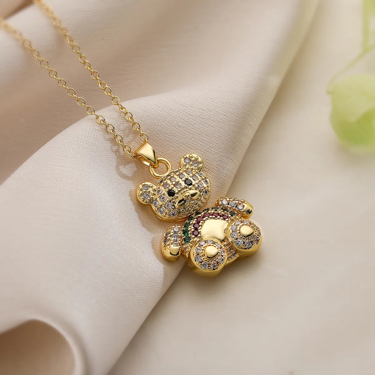 Simple Style Commute Little Bear Copper 18k Gold Plated Artificial Pearls Zircon Pendant Necklace In Bulk