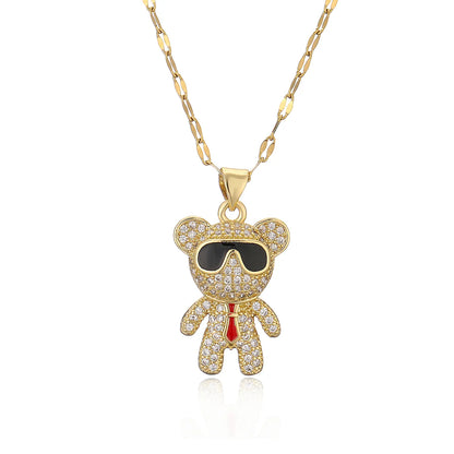 Simple Style Commute Little Bear Copper Plating Inlay Zircon 18k Gold Plated Pendant Necklace