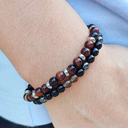 Simple Style Commute Round 304 Stainless Steel Natural Stone Tiger Eye Beaded Handmade Men'S Bracelets