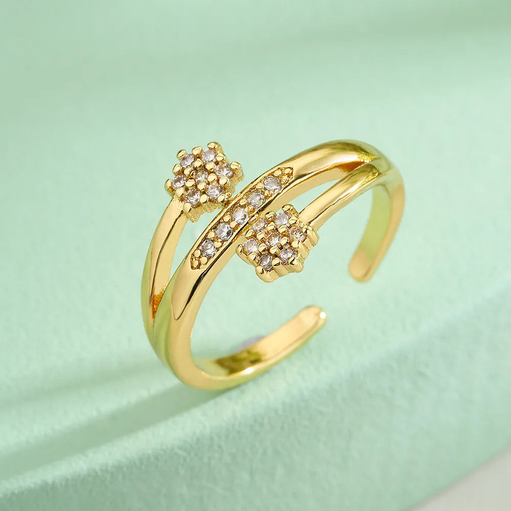 Simple Style Commute Round Flower Copper 18k Gold Plated Zircon Open Ring In Bulk