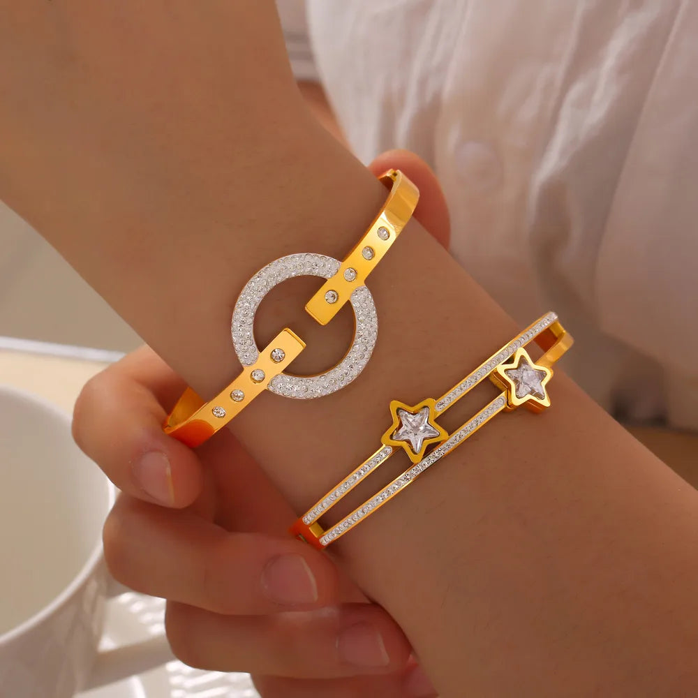 Simple Style Commute Round Square Star 304 Stainless Steel 18K Gold Plated Rhinestones Zircon Bangle In Bulk