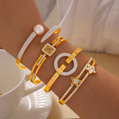 Simple Style Commute Round Square Star 304 Stainless Steel 18K Gold Plated Rhinestones Zircon Bangle In Bulk